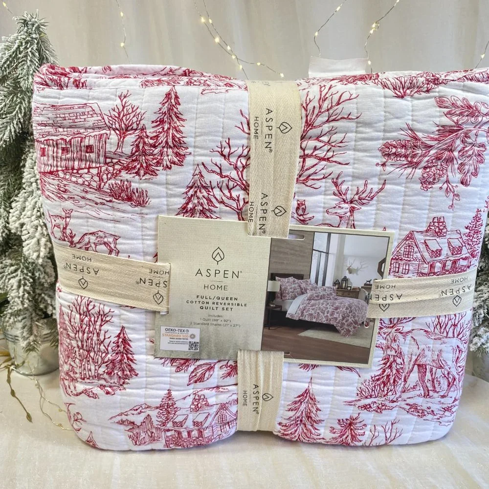 ASPEN Woodland Cabin Holiday Christmas Toile Queen Cotton Quilt & Shams 3pc Set